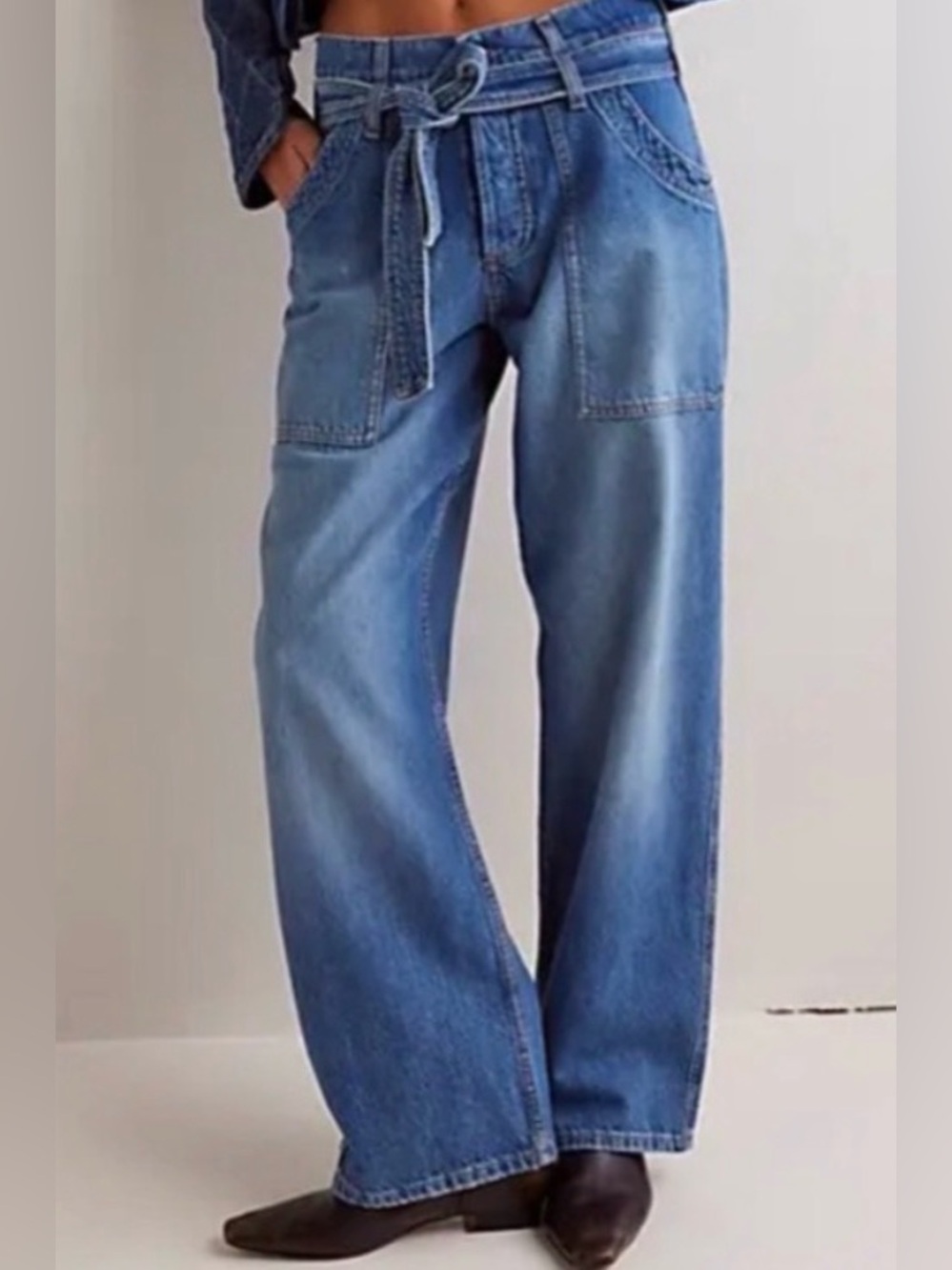 We the Free  Blue Jay boyfriend High-Rise Wide Leg Tie-Waist Jeans - Medium Blue
